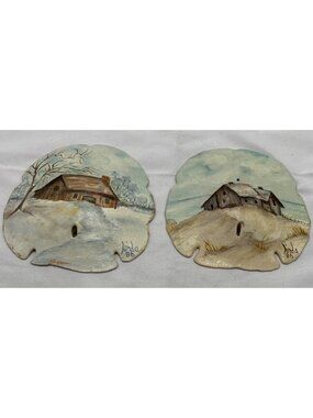 Hand-Painted Sand Dollar Art By Linda 1986 Set of 2 Rustic Home Scenes